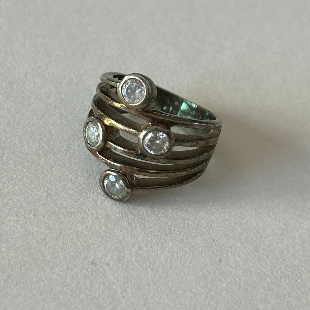 Silver-Tone Multi-Band Ring 4 Clear Stone Accents Size 6.5/7 - Picture 5 of 7